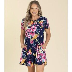Heimish USA Floral Swing Dress Large Navy Pink Short Sleeve Stretch